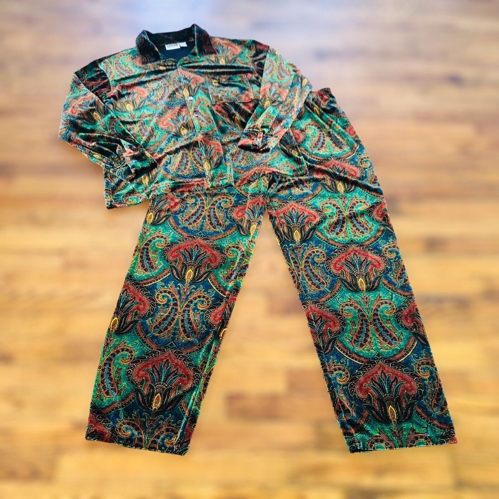 Velvet Velour Vintage Chicos Design Set Blouse Shirt Pant Paisley Holiday Lounge